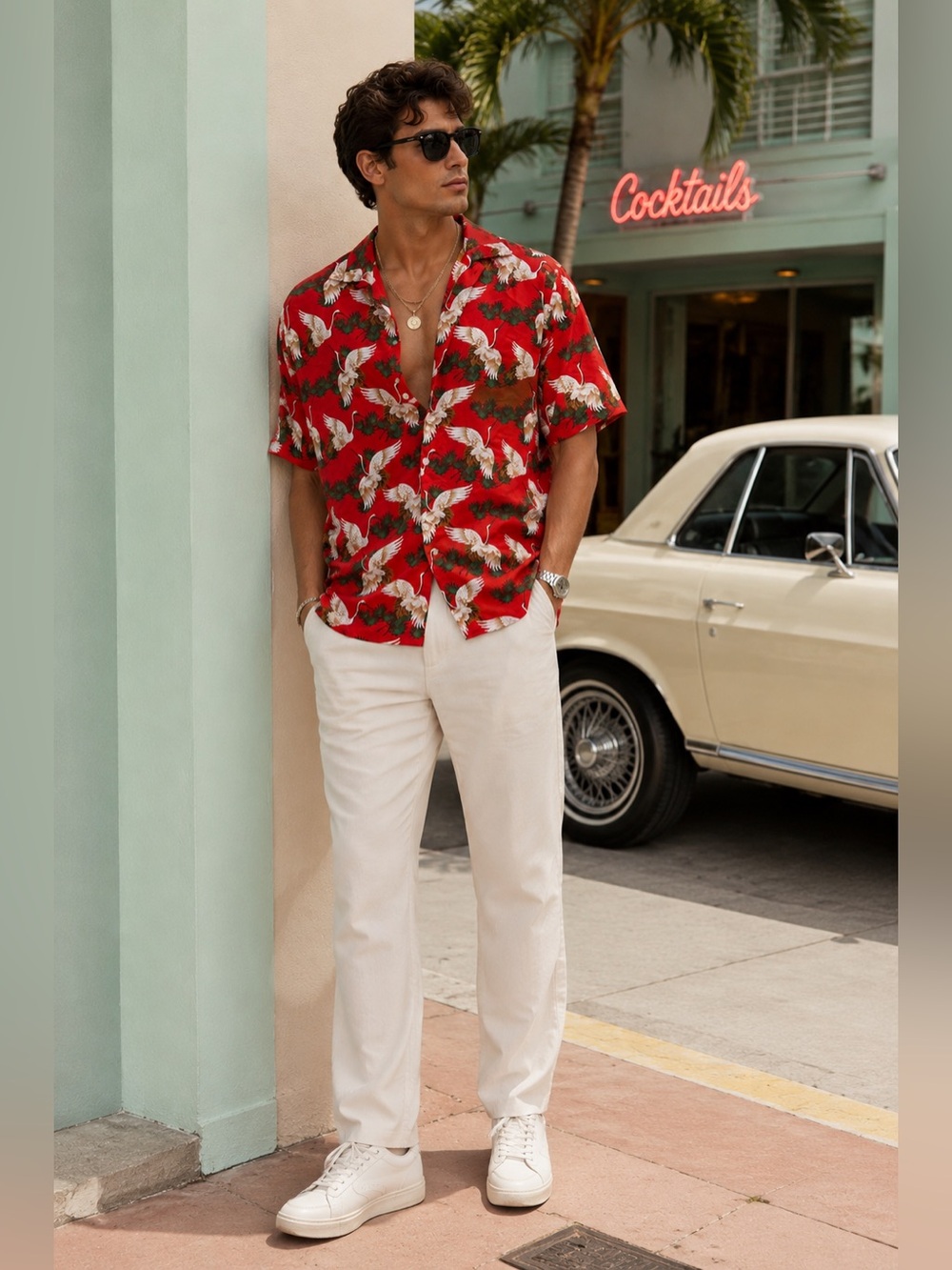 Forever 21 Red Crane Print Silky Button Down Shirt Men’s Medium Y2K Miami Vegas
